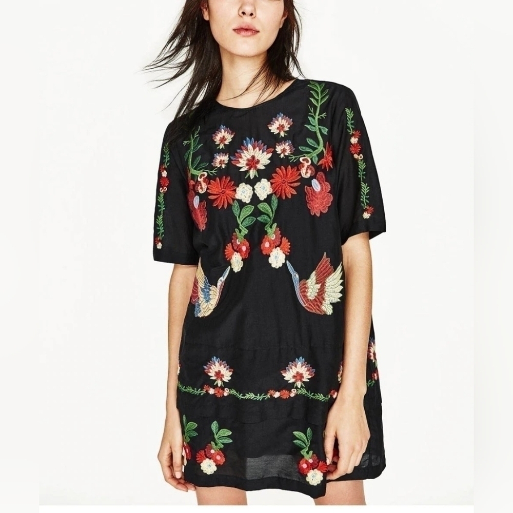 Zara Floral Birds Embroidered Silk Blend Tiered Mini Dress Feminine Bohemian